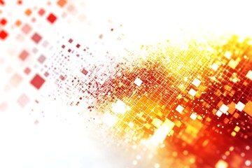 Abstract technology background with glowing squares and lines in red, orange, and yellow tones