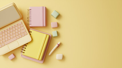 Pastel Office Supplies on Yellow Background