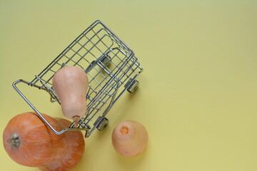shopping cart with eggbasket Carrito de supermercado, alimento, zapallo anco  , zapallitos...