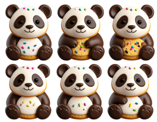 Set 3D Render of Panda Cookie with Chocolate Face and Sprinkles