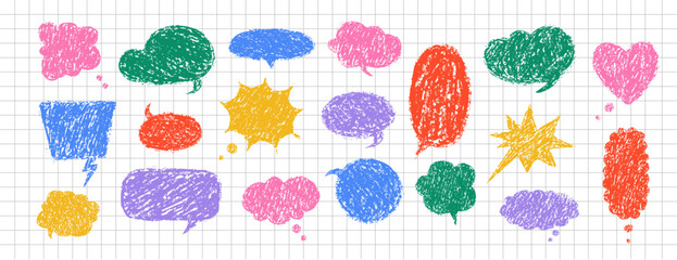 Speech Bubble set with crayon texture. Funky colorful communication frames. Message clouds with chalk or charcoal texture. Retro vector illustration on checkered notebook sheet.