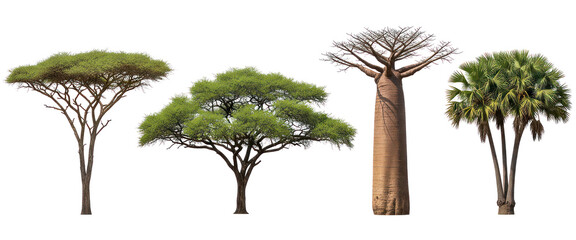 Fototapeta premium Diverse tree collection illustration on transparent, botanical, nature, tree variety