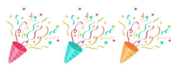  festive set of colorful party hats with striped patterns, petard, swirling ribbons and sparkling stars, creating a joyful and celebratory atmosphere.