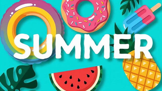 Festive Summer Typography with Fruits Donut and Swimming Ring on a Turquoise Backdrop