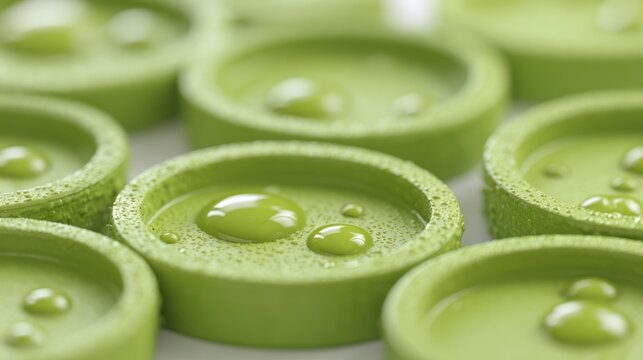 Close up of shallow green circular containers filled with liquid and water droplets