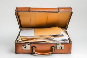 Vintage Leather Suitcase Overflowing with Documents and Files for Business or Travel Use