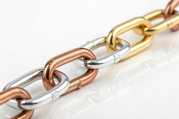 Obraz premium Closeup of a strong metal chain with interlocking links of gold silver and copper