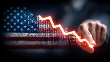 Digitally Rendered United States Flag with a Red Glowing Downward Arrow and Hand Touching - Powered by Adobe