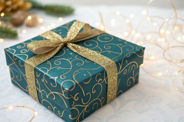 A beautifully wrapped teal gift box with gold swirls and a gold ribbon surrounded by sparkling fairy lights