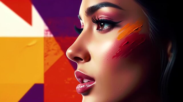 Glamorous Woman with Vibrant Makeup and Abstract Art Background for Adobe Stock