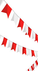 Fototapeta premium Festive bunting with alternating red and white triangular flags hanging diagonally against a white background.