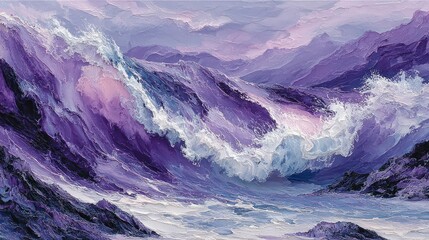 Textured purple waves crashing against dark rocky shore under a hazy sky