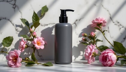 mock up, a modern matte grey pump bottle with minimal highlights and soft shadows.