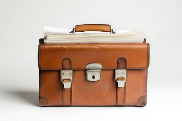 Vintage leather briefcase overflowing with documents for business or travel, full of paperwork