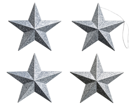  Set Silver Glitter Star on Diagonal Tilt with Soft Glow, Isolated