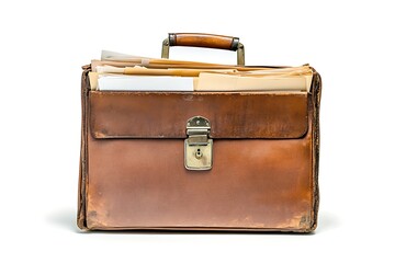 Overstuffed brown leather briefcase with documents and papers for business and legal professions
