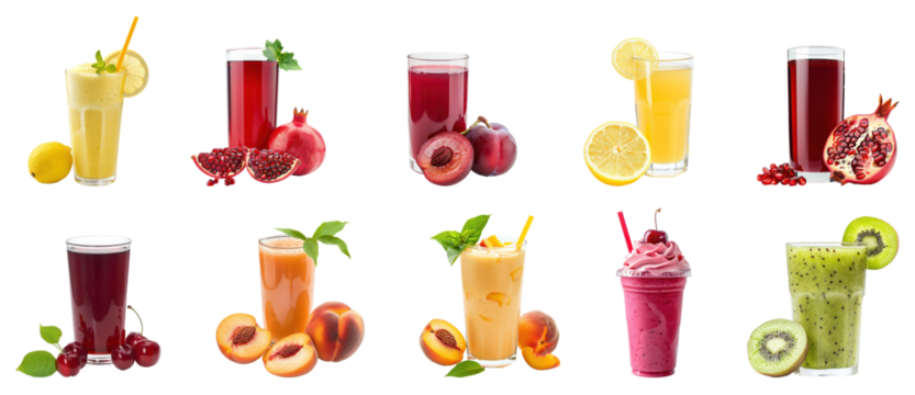 Collection of fresh tropical fruit drink png group cutout isolate on transparency background