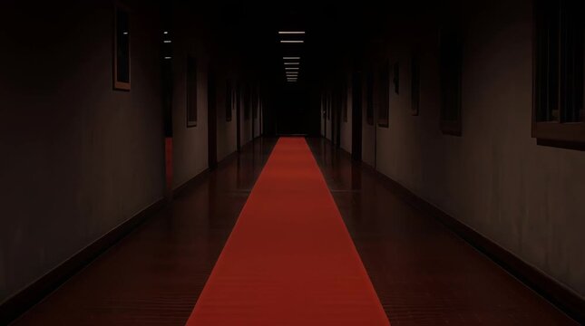 A red carpet runs down the center of a dark, empty hallway with minimal lighting overhead.