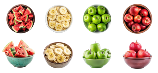 Collection of slice banana, apple, Watermelon in a bowl top view isolate on transparency background
