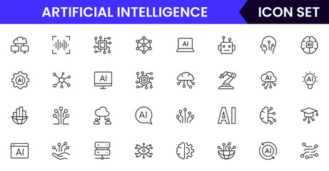 Artificial Intelligencevector line icons featuring algorithms, neural networks, data processing, AI models, training, automation, analytics, coding, and technology concepts.
