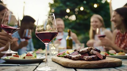 Group Enjoying Red Wine with Grilled Meat Outdoors at Festive Gathering