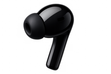 Modern black wireless earbud isolated on transparent background, perfect for showcasing audio technology or listening experiences