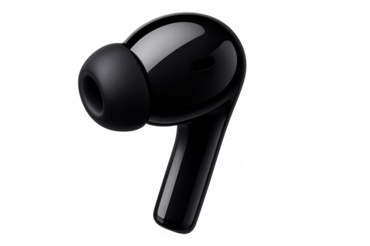 Modern black wireless earbud isolated on transparent background, perfect for showcasing audio technology or listening experiences