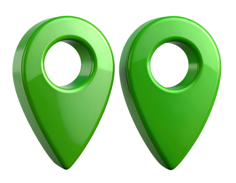 Pair of 3D Green Location Pins with Glossy Finish and Cut-Out Centers, Transparent Background