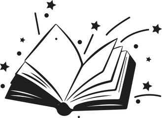 Opened book with flying page and stars in one continuous line drawing, symbolizing magic of reading