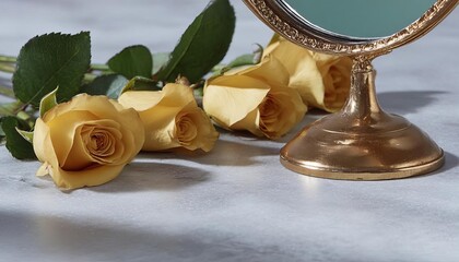 Elegant yellow roses beside a vintage mirror on a marble surface.