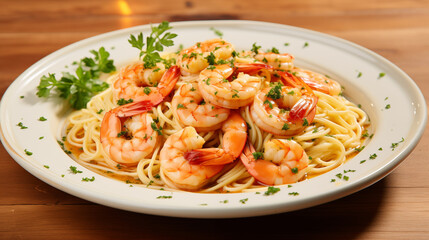 food calories a plate of shrimp scampi with angel hair pasta.