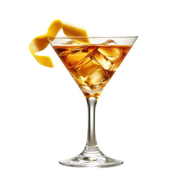 A classic manhattan cocktail with ice and an orange peel garnish in a martini glass isolated on transparent background