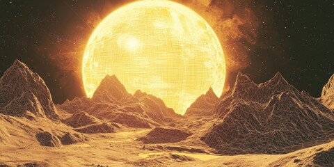 A vaporwave-style landscape featuring wireframe mountains and an enormous digital sun