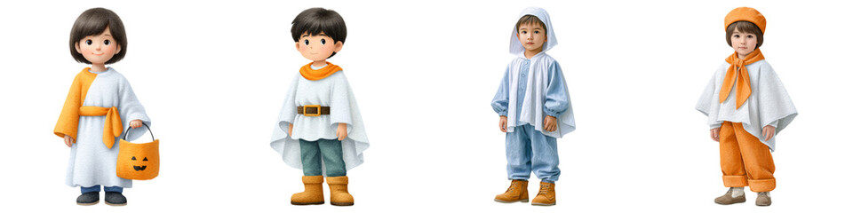 Modern halloween clipart, Four children dressed in Halloween costumes, each wearing a white ghost-themed outfit with different accessories and colors, ready for trick-or-treating.