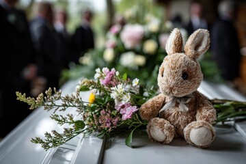 Tender farewell with a soft toy bunny resting gently on a child's casket surrounded by flowers and loved ones in mourning