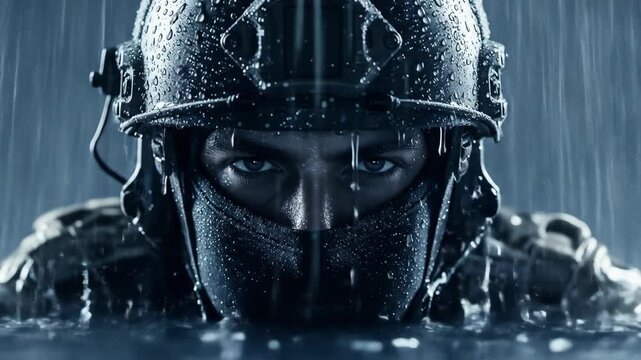 Intense Soldier Emerging from Water in Heavy Rain, Close-up Portrait