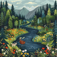 Postcard, picture of nature with flower meadows, mountains, river, landscape