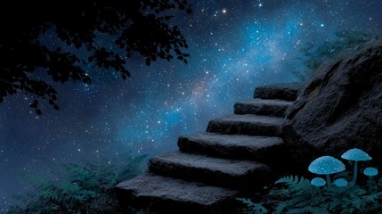 Stone steps ascend towards a starry night sky with glowing mushrooms stars