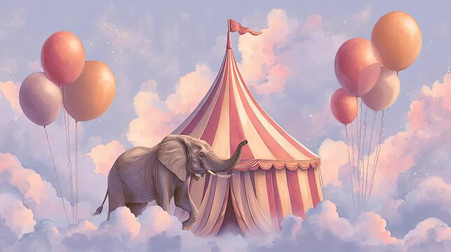 A whimsical circus tent floating among clouds with an elephant and colorful balloons in a dreamy sky.