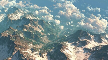 Aerial view of rugged mountain range with snow capped peaks and cloudy sky