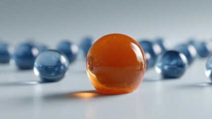 Orange sphere amidst blue droplets on pastel background