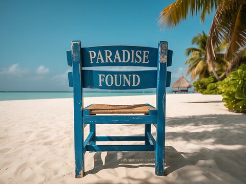 Blue chair with paradise found text on tropical beach