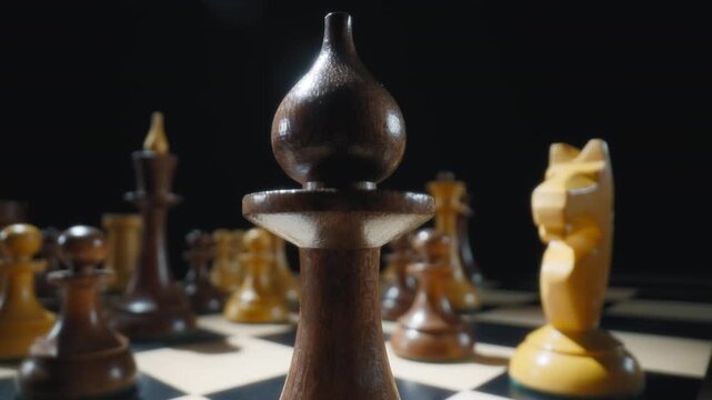 Macro dolly shot of a black bishop chess piece on a chessboard