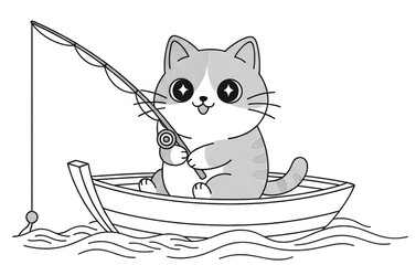Kawaii Cat Fishing in a Boat – Cute Line Art for Coloring Pages