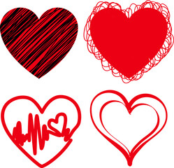 four red heart illustrations in different artistic styles: scribbled, surrounded by loops, outlined with a heartbeat, and a double line abstract heart.