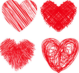 four red heart shapes drawn with different sketchy, scribbled line styles. 