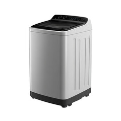 A white and gray washing machine with a black handle