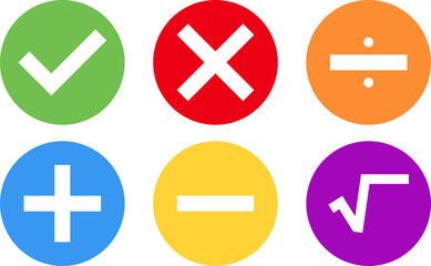 six circular icons in vibrant colors, each containing a white symbol:check mark, multiplication, division, plus, minus,  square root
