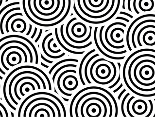 black and white seamless pattern made up of multiple concentric circles. 