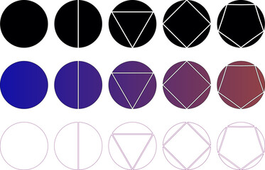 grid of circles gradually transitioning in both color and internal line structure. half-line, triangle, quadrilateral, pentagon